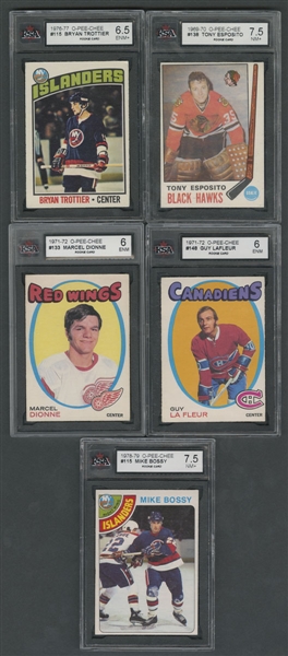 1966-1986 O-Pee-Chee and Topps Hockey Rookie Card Collection of 10 Including KSA-Graded Rookie Cards of Tony Esposito, Lafleur, Dionne, Trottier and Bossy