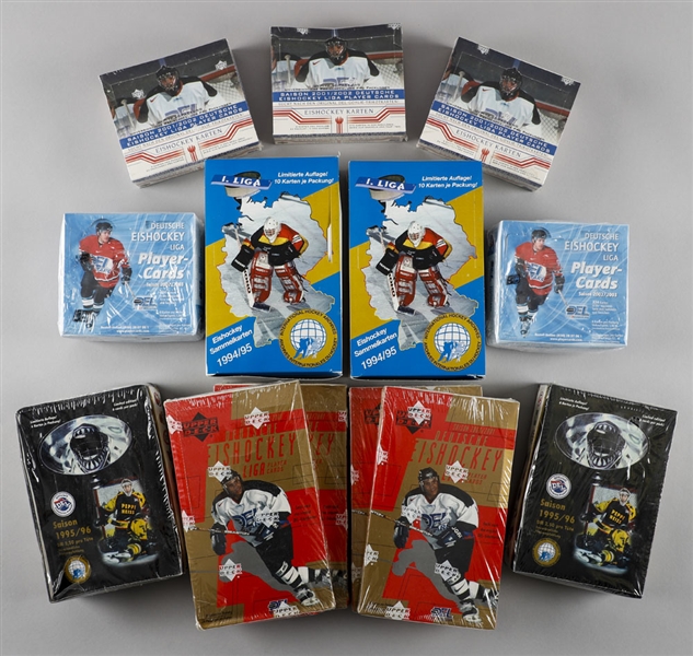 1994-95 to 2002-03 Deutsche Eishockey Liga (DEL) German Ice Hockey League Unopened Wax Boxes Collection of 66