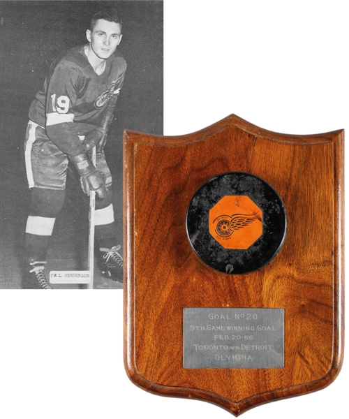 Paul Hendersons Detroit Red Wings February 20th 1966 "20th Goal of Season" Milestone Puck with His Signed LOA - Game-Winning Goal!
