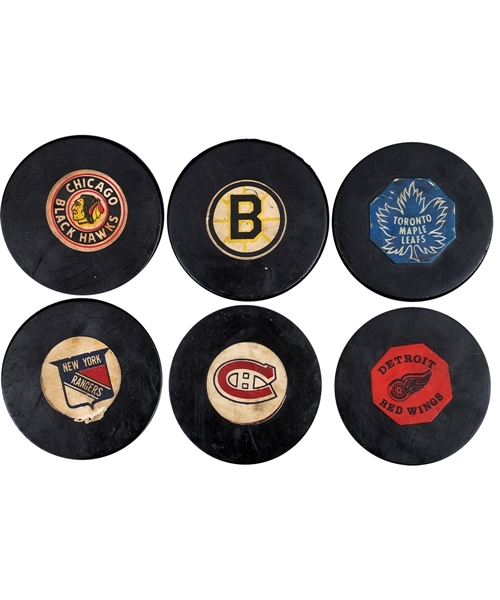 Paul Hendersons 1968-69 Canadiens, Bruins and Rangers Art Ross / Converse Game Pucks (3) and 1969-77 Maple Leafs, Red Wings and Black Hawks Art Ross / Converse Game Pucks (3) with His Signed LOA