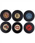 Paul Hendersons 1968-69 Canadiens, Bruins and Rangers Art Ross / Converse Game Pucks (3) and 1969-77 Maple Leafs, Red Wings and Black Hawks Art Ross / Converse Game Pucks (3) with His Signed LOA
