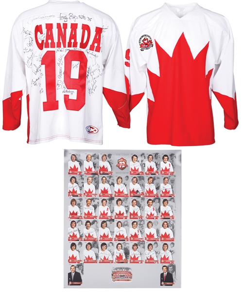 Paul Hendersons 1972 Canada-Russia Series 35th Anniversary Team-Signed Uncut Card Sheet Plus 1972 Team Canada Team-Signed Jersey with His Signed LOA