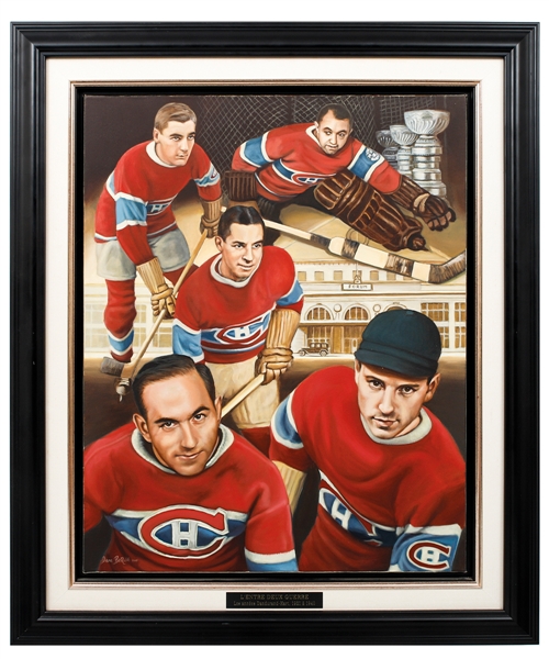 Montreal Canadiens 1921-40 "LEntre Deux Guerres" Framed Painting on Canvas Featuring Hainsworth, Joliat and Morenz by Diane Berube (33" x 39")