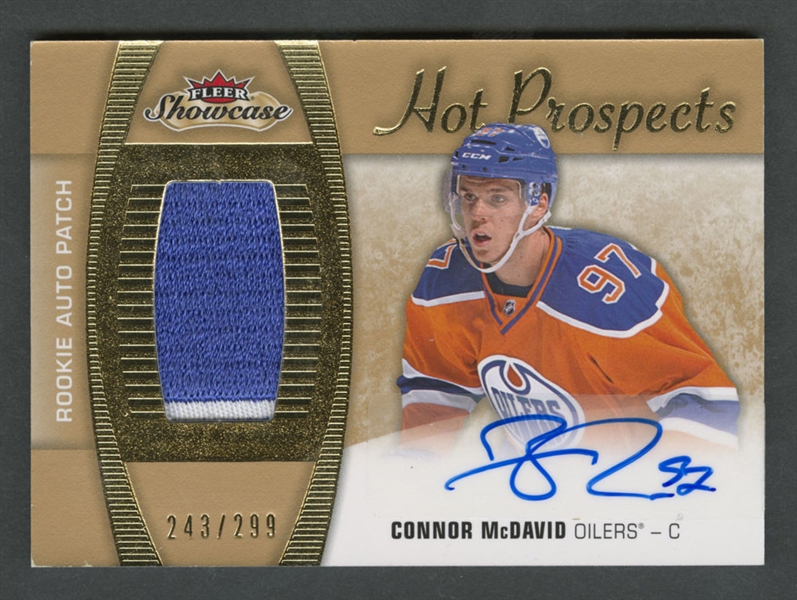 2015-16 Fleer Showcase Hot Prospects Hockey Card #189 Connor McDavid Autograph Rookie Patch #243/299