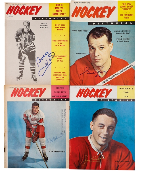 Hockey Pictorial and Other Publications 1950s and 1960s Hockey Magazines (58) with 24 Signed Issues Including Howe, Beliveau, Delvecchio, Bathgate, F. Mahovlich, H. Richard and Others 