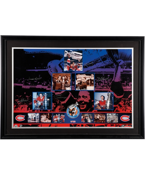 Montreal Canadiens Stanley Cup 100th Anniversary Limited-Edition Framed Poster Autographed by Maurice and Henri Richard, Beliveau, Cournoyer, Gainey and Roy (30 ½” x 42 ½”)