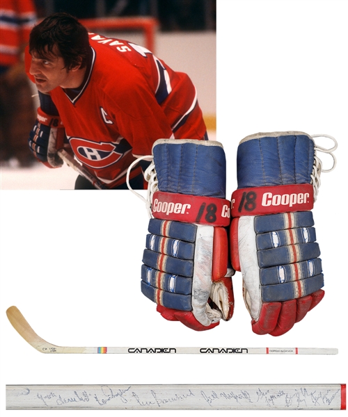 Serge Savards 1978-79 Montreal Canadiens Photo-Matched Stanley Cup Finals Game-Used Cooper Gloves Plus 1978-79 Game-Issued Team-Signed Stick