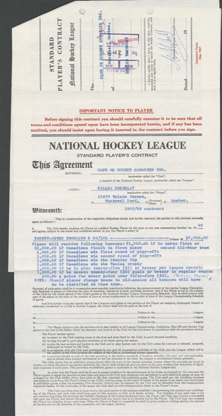 Gilles Tremblays 1968-69 Montreal Canadiens Official NHL Contract and Additional Documents with His Signed LOA