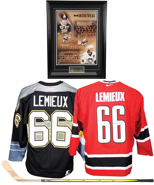 Mario Lemieuxs Early-2000s Pittsburgh Penguins Signed Nike Quest 3 Game-Issued Stick Plus Signed Penguins and Team Canada Jerseys (2) and Signed "Made in Montreal" Limited-Edition Framed-Photo