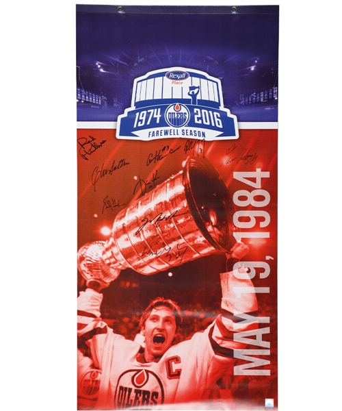 Wayne Gretzky Edmonton Oilers Rexall Place Farewell Concourse Promotional Banner Signed by All 9 Retired Banner Legends Including Gretzky, Messier, Coffey and Kurri with Team LOA