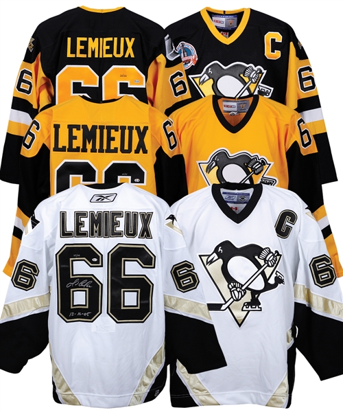 Mario Lemieux Pittsburgh Penguins "1985 Rookie of the Year", "1991 & 1992 Stanley Cup" and "Last NHL Game" Signed Limited-Edition Jerseys (3) with Annotations