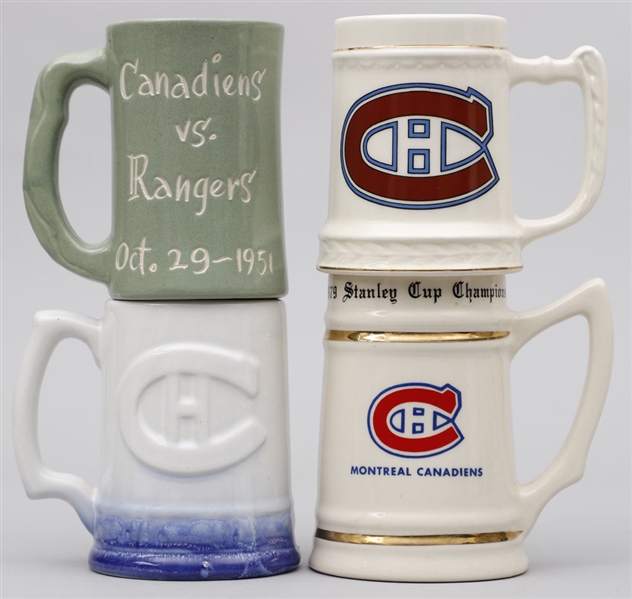 Vintage Montreal Canadiens Ceramic Mug Collection of 4 Including Scarce 1951 Royal Visit Mug