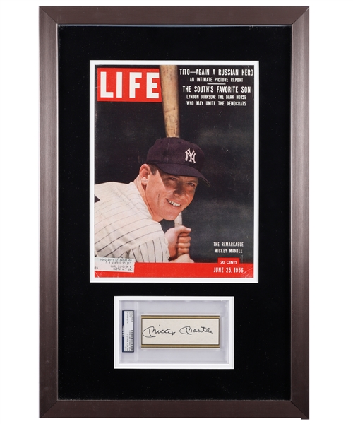 Mickey Mantle New York Yankees Signed Cut (PSA/DNA Certified) Framed Display with 1956 Life Magazine (17 ¼” x 26 ¼”) 