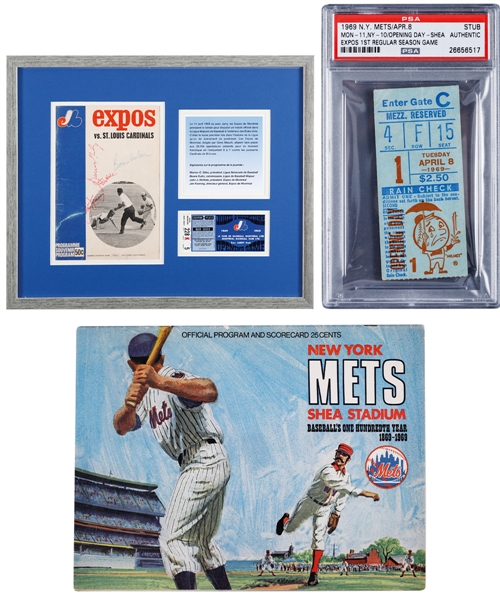 1969 Montreal Expos Home Opener Multi-Signed Program and Ticket Stub Framed Display (16" x 19") Plus 1969 Expos First Regular Season Game Ticket (PSA) and Program from Shea Stadium