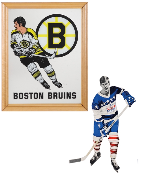 Bobby Orr Early-1970s Food Premium Promotional Die-Cut Cardboard Display and Vintage Boston Bruins Mirror
