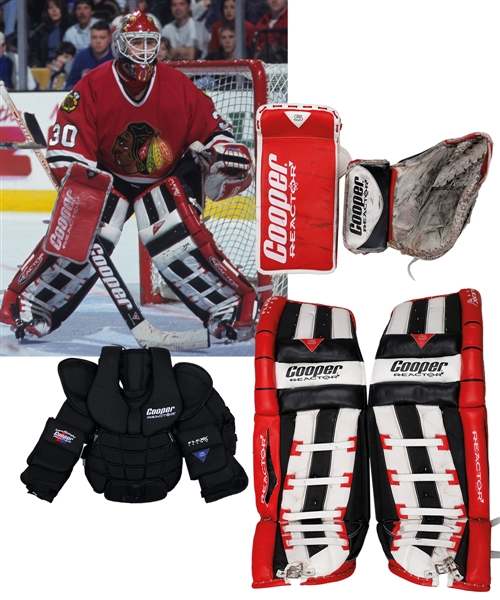 Ed Belfours Mid-1990s Chicago Black Hawks Cooper Reactor Game-Used Glove and Blocker, Game-Worn Cooper Reactor Chest Protector Plus Game-Issued Cooper Reactor Pads with His Signed LOA