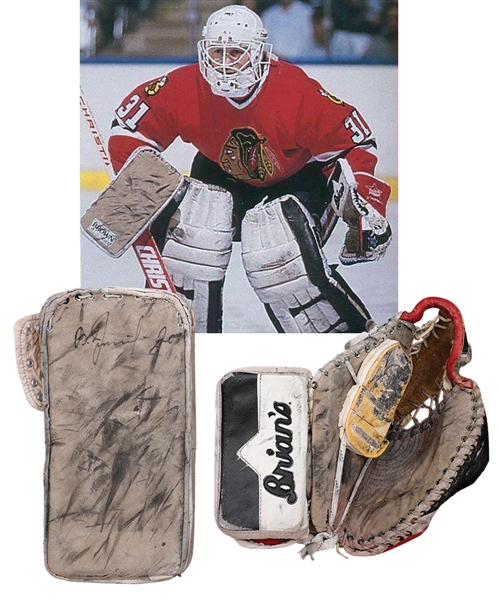 Ed Belfours 1988-89 Chicago Black Hawks Game-Used Rookie Season Brians Goalie Glove and Brown Blocker with His Signed LOA - Both Photo-Matched!