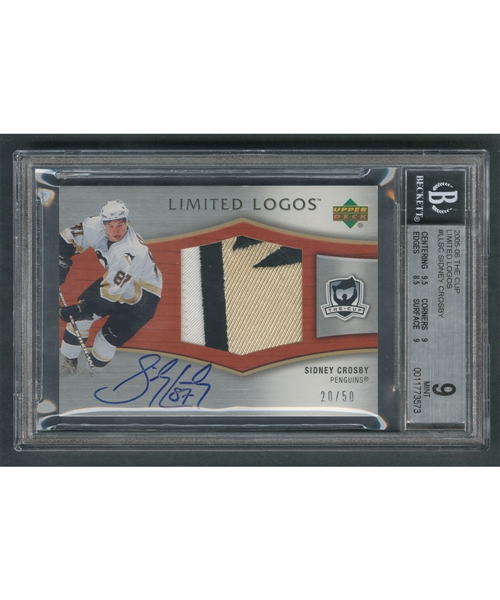2005-06 Upper Deck "The Cup" Limited Logos Hockey Card #LLSC Sidney Crosby Rookie "20/50" (Signature and Jersey Patch) - Beckett-Graded Mint 9 - Highest Graded!