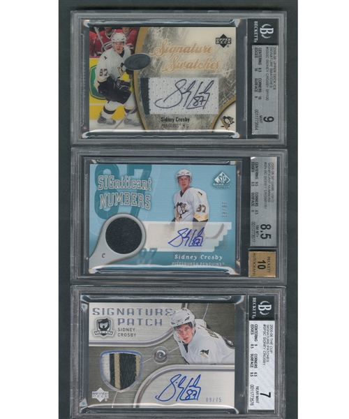 Sidney Crosby 2005-06 Ice Signature Swatches #SS-SC SP/100, 2005-06 SP Game Used Significant Numbers #SN-SC "18/87" and 2005-06 The Cup Signature Patches #SP-SC "9/75" Beckett-Graded Cards