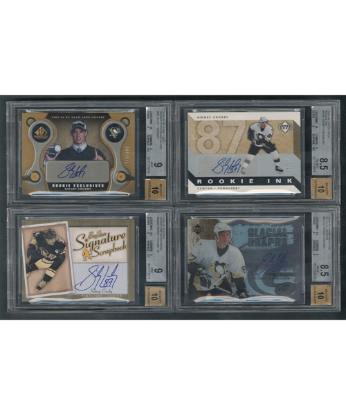 Sidney Crosby 2005-06 SP Game Used RC Autos #SC "10/100", 2005-06 UD Rookie Ink #RI-SC "58/87", 2005-06 Beehive Signature Scrapbook #SS-SC and 2005-06 UD Ice Glacial Graphs #GC-SC Beckett-Graded Cards