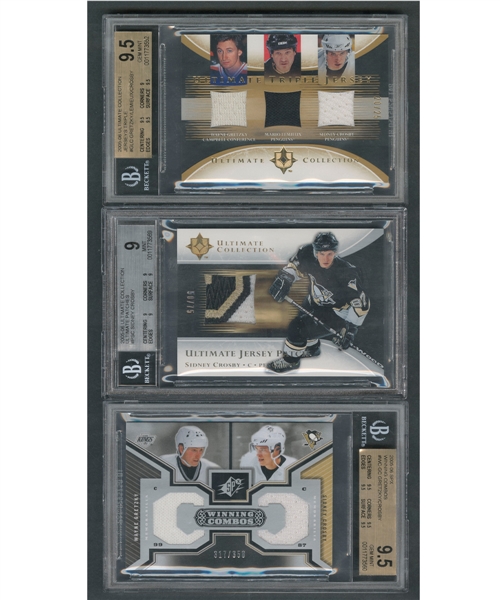Sidney Crosby Beckett-Graded Cards (8) Including 2005-06 Ultimate Collection Jerseys Triple #TJ-GLC, 2005-06 Ultimate Patches #PSC "50/75" and 2005-06 SPX Winning Combos #WC-GC "317/350"