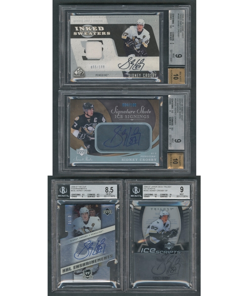 Sidney Crosby Beckett-Graded Cards (17) Including 2006-07 SP Inked Sweaters #IS-SC "55/100", 2007-08 UD Signature Shots Ice Signings #SSR-SC "94/100" and 2006-07 UD The Cup Enshrinements #E-SC "30/50"
