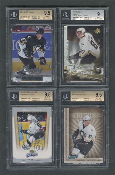 Sidney Crosby Beckett-Graded Cards (15) Including 2005-06 Fleer Ultra Rookie #251, 2005-06 SPX SPXcitement Rookies #XR-SC "240/999", 2005-06 UD MVP #393 and Numerous other Rookie Cards