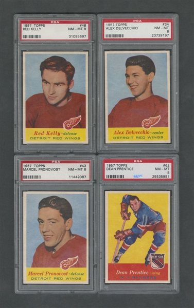 1957-58 Topps Hockey Cards #48 HOFer Red Kelly (Highest Graded), #34 HOFer Alex Delvecchio, #43 HOFer Marcel Pronovost and #82 Dean Prentice - All Graded PSA 8