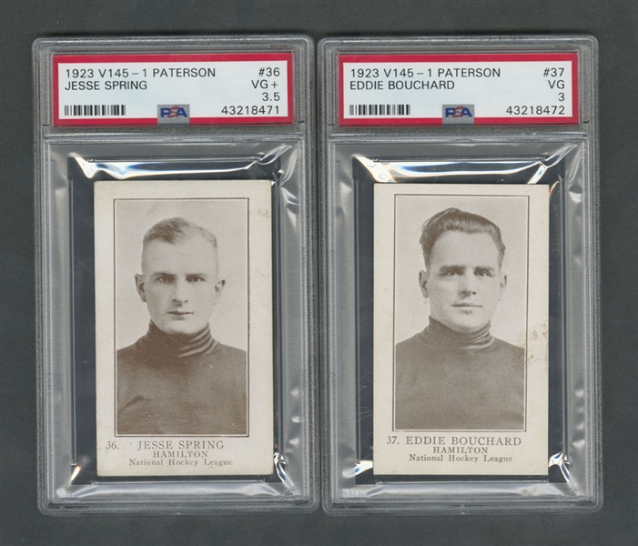 1923-24 William Paterson V145-1 Hockey Cards #36 Jesse Spring RC (Graded PSA 3.5) and #37 Eddie Bouchard RC (Graded PSA 3)