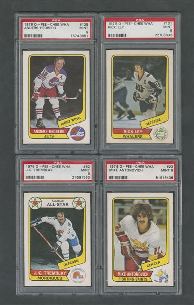 1976-77 O-Pee-Chee WHA Hockey Card Collection of 8 Including #125 Anders Hedberg (Highest Graded), #101 Rick Ley (Highest Graded) and #62 J.C. Tremblay (Highest Graded) - All Graded PSA 8 or 9 