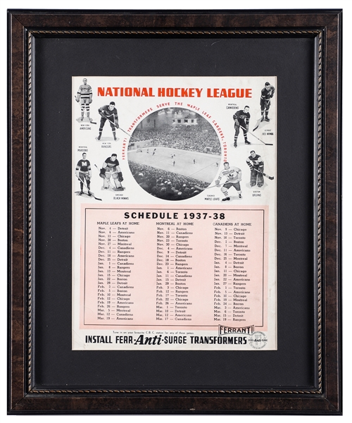 Scarce 1937-38 Ferr-Anti-Surge Transformers National Hockey League Framed Schedule (16 ½” x 20”) 