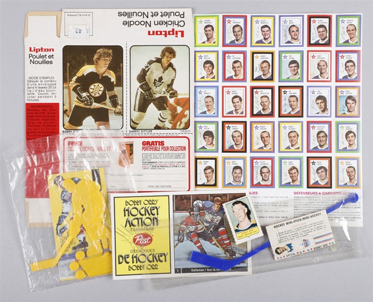 Bobby Orr Premium Collection with 1970-71 Colgate Hockey Stamps Sheets (2), 1970-71 Post Hockey Mini-Stick and 1971-72 Shooter, 1974-75 Lipton Soup Complete Box with Orr & Sittler Cards and More!