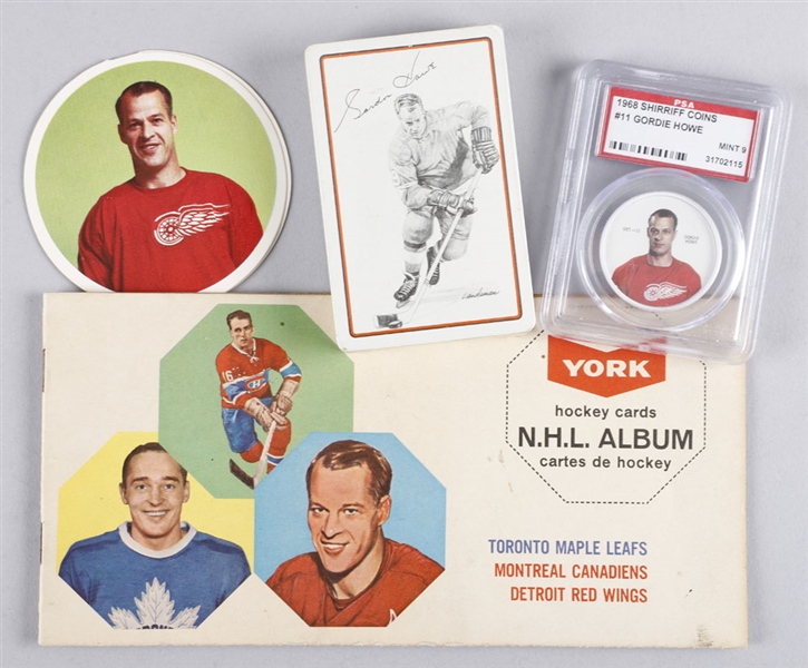 Gordie Howe Premium Collection with 1968-69 Shirriff Hockey Coin Graded PSA 9, 1962-63 El Producto Set of 6 Hockey Coasters, Circa 1977-78 Gordie Howe Sports Deck Playing Card Sets (2) and More!