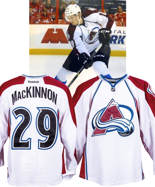 Nathan MacKinnons 2013-14 Colorado Avalanche "1st NHL Goal" Game-Worn Rookie Season Jersey with Team LOA - Team Repairs! - Photo-Matched!