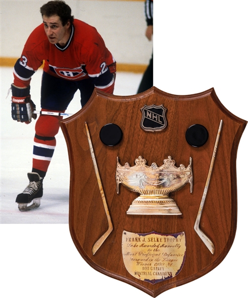 Bob Gaineys 1980-81 Montreal Canadiens Frank J. Selke Trophy Plaque from His Personal Collection with His Signed LOA