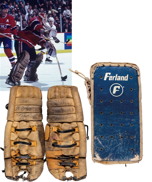 Patrick Roys 1987-88 Montreal Canadiens Signed Photo-Matched Koho Game-Worn Pads from Bob Gaineys Personal Collection with His Signed LOA
