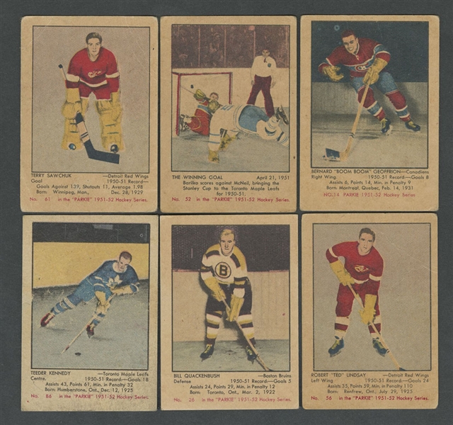 1951-52 Parkhurst Hockey Card Collection of 57 Including #14 Geoffrion RC, #26 Quackenbush RC, #52 Barilko Winning Goal, #61 Sawchuk RC and #86 Kennedy RC