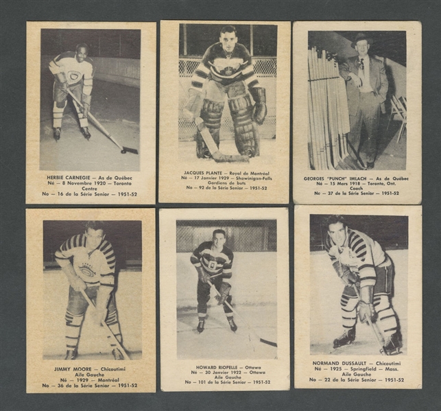 1951-52 Laval Dairy QSHL Hockey Card Starter Set (74/109) Including #16 Herb Carnegie, #37 Punch Imlach and #92 Jacques Plante Plus 1952-53 Laval Dairy QHL Hockey Cards (16)