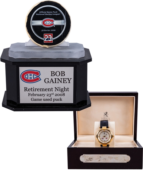 Bob Gaineys February 23rd 2008 Montreal Canadiens Jersey Retirement Night Collection Including Presentational Birks Watch and Game-Used Puck Display from His Personal Collection with His Signed LOA