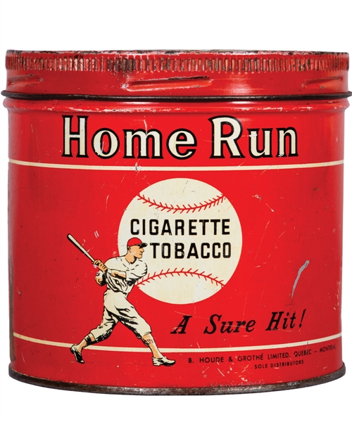 Vintage Circa 1940s Home Run Cigarette Tobacco Tin with Baseball Graphics