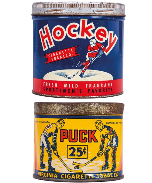 Vintage Circa 1920s "Puck" and Circa Late-1940s "Hockey" Cigarette Tobacco Tins Both Featuring Hockey Graphics
