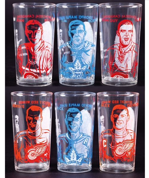 1961-62 Detroit Red Wings, Montreal Canadiens and Toronto Maple Leafs York Peanut Butter Glass Collection of 6 Including Gordie Howe and Jean-Guy Talbot