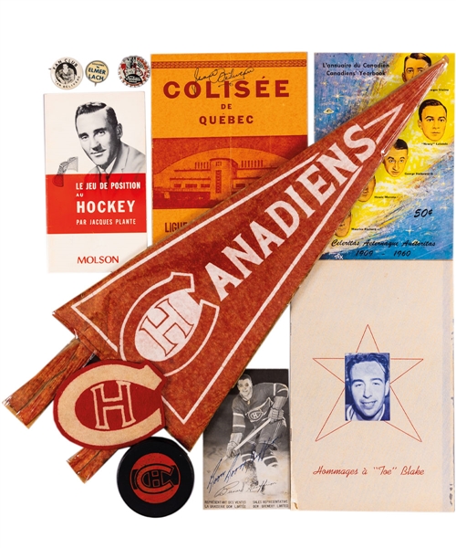 Huge Montreal Canadiens Memorabilia Collection Including Numerous Jean Beliveau Items with Scarce 1950s Fan Club Pin, 1940s Elmer Lach Pin, Early Media Guides and Much More!