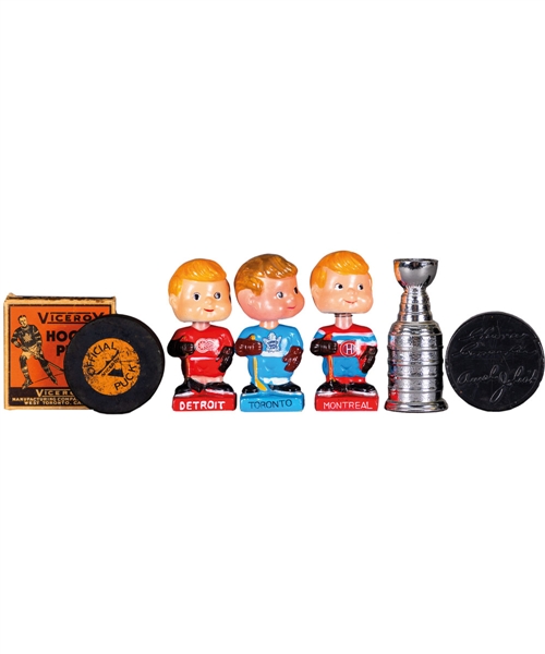 1930s Kelloggs Aurel Joliat/Charlie Conacher Promotional Puck, Vintage Viceroy Hockey Puck in Box, 1963-64 Parkhurst Premium Miniature Stanley Cup and 1961-63 NHL Mini Nodder / Bobble Head Dolls (3)
