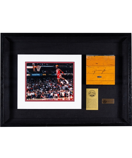 Michael Jordan Signed 1987-94 Chicago Stadium Floor Piece Framed Limited-Edition Chicago Bulls Montage #610/1000 with UDA COA (19” x 27 ¾”) 