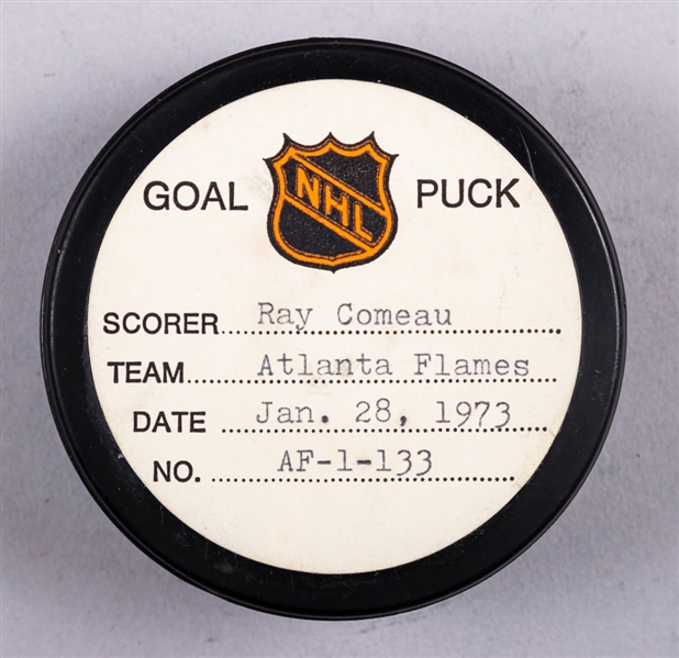 Rey Comeau’s Atlanta Flames January 28th 1973 Goal Puck from the NHL Goal Puck Program - Season Goal #13 of 21 / Career Goal #13 of 98 - 1st Goal of Hat Trick - First NHL Hat Trick