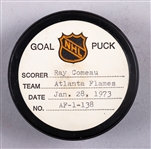 Rey Comeau’s Atlanta Flames January 28th 1973 Goal Puck from the NHL Goal Puck Program - Season Goal #14 of 21 / Career Goal #14 of 98 - 2nd Goal of Hat Trick - Game-Winning Goal - First NHL Hat Trick