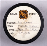 Rey Comeau’s Atlanta Flames January 28th 1973 Goal Puck from the NHL Goal Puck Program - Season Goal #15 of 21 / Career Goal #15 of 98 - 3rd Goal of Hat Trick - First NHL Hat Trick