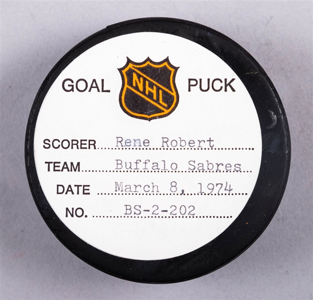 Rene Robert’s Buffalo Sabres March 8th 1974 Goal Puck from the NHL Goal Puck Program - Season Goal #20 of 21 / Career Goal #73 of 284