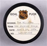 Tom William’s Los Angeles Kings April 14th 1974 Playoff Goal Puck from the NHL Goal Puck Program - Season Playoff Goal #2 of 3 / Career Playoff #2 of 8 - 2nd Goal of Hat Trick